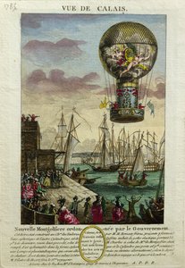 Aufstieg eines Montgolfiere-Heißluftballons in Calais im Jahr 1785 von French School