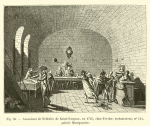 Ermordung von Pelletier de Saint-Fargeau, 1793, bei Fevrier, Restaurateur, Nr. 114, Galerie Montpensier von French School