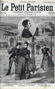 Ermordung der Kaiserin Elisabeth von Österreich (Sissi) durch den italienischen Anarchisten Luccheni in Genf im Jahr 1898. Titelblatt von „Le petit Parisien“ 1898