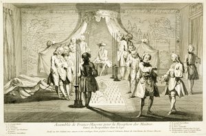 Versammlung der Freimaurer zur Einweihung eines Meisters, der Eintritt des Kandidaten in die Loge, aus Die Zeremonien der Religion und des Brauchtums, um 1733 von French School