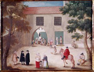 Almosen im Hof der Abtei Port Royal des Champs. Ansicht des Innenhofs von Port-Royal-des-Champs. Anonymes Gemälde der französischen Schule