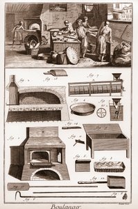 Bäckerei und Backutensilien - „Die große Enzyklopädie, oder Wörterbuch der Wissenschaften, Künste und Berufe“ von Denis Diderot (1713-1784) und Jean d