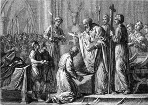 Taufe von Clovis I., 25. Dezember 496: Der König der Franken (466-511) wird von Saint Remi (437-533), Bischof von Reims, in der Kirche Saint Martin getauft. Gravur des 18. Jahrhunderts. von French School