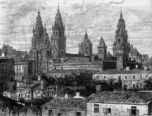 Barockkunst: Ansicht der Kathedrale von Santiago de Compostela. Spanien. Gravur in „Le Monde Illustré“ Nr. 1220 vom 14. August 1880