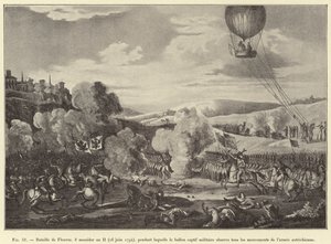 Schlacht von Fleurus, 8. Messidor Jahr II (26. Juni 1794), während der der gefesselte Militärballon alle Bewegungen der österreichischen Armee beobachtet (Gravur) von French School