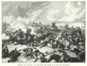 Schlacht von Waterloo, Marschall Ney führt die Kürassiere an (Gravur) von French School