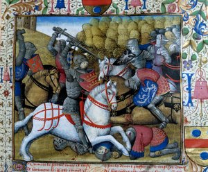 Schlacht der Ritter, Miniatur aus dem Manuskript Der Roman von Tristan von French School