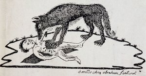 Bestie zerreißt ein Kind (Bestie des Gévaudan) - Holzstich veröffentlicht in Mende (Archive du Puy-de-Dôme)