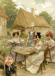 Schöne reiche Frauen trinken Tee auf einem Bauernhof von French School