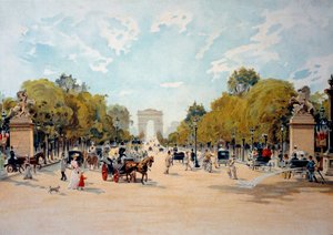 Belle Époque: Ansicht der Avenue des Champs-Élysées und des Arc de Triomphe in Paris. Anonyme Aquarellmalerei von 1895. Paris, Musée des Arts Décoratifs