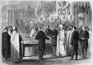 Ben Mahi Ed Din Abd El Kader (Abd El-Kader) (1808 - 1883) algerischer Emir besucht das Artilleriemuseum am 18. Juli von French School