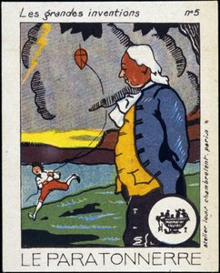 Benjamin Franklin, amerikanischer Politiker und Physiker (1706-1790) und der Blitzableiter (das Drachenexperiment) - Etikett, Anfang 20. Jahrhundert