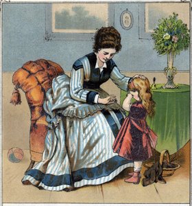 Berthe weint, weil sie sich beim Nähen in den Finger gestochen hat. Ihre Mutter schimpft sie, weil sie vergessen hat, den Fingerhut zu benutzen. Chromolithographie aus „Szenen aus der Kindheit“, veröffentlicht von Guerin - Muller um 1885.