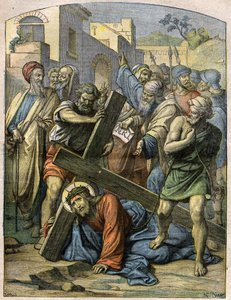Biblische Szene - Kreuzweg: Jesus fällt zum zweiten Mal. Gravur in „Le Pelerin“ vom 29. November von French School