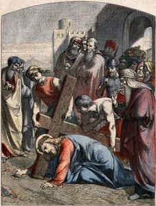 Biblische Szene - Kreuzweg: Jesus fällt zum ersten Mal. Gravur in „Le Pèlerin“ vom 3. Mai von French School