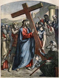Biblische Szene - Kreuzweg: Jesus trägt das Kreuz. Gravur in „Le Pelerin“ vom 3. Mai von French School