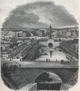 Vogelperspektive des Canal Saint-Martin (Saint Martin), des Platzes und des Bastille-Viertels, aufgenommen vom rechten Ufer der Seine - Gravur in „Tableau-de-Paris“ von Edmond Texier 1852