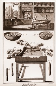 Bouchonnier, Herstellung von Korkstopfen - „La Grande Encyclopedie, ou Dictionnaire Raisonne des Sciences, des Arts et des Metiers“ von Denis Diderot und Jean d