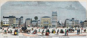 Boulevard Beaumarchais Südseite - Café Gibe - Hotel de Ninon de Laclos - Théâtre Beaumarchais - Rue pas de la mule - Gravur in „Tableau-de-Paris“ von Edmond Texier 1852