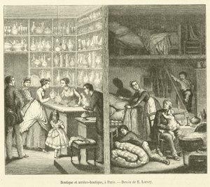 Laden und Hinterzimmer in Paris (Gravur) von French School