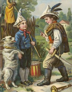 Jungen spielen Soldaten mit ihrem Hund auf dem Land von French School