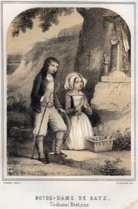 Bretonische Kostüme - Notre-Dame de Batz - Gravur in „Les soirées de mon oncle souvenirs et récits de voyages“ von MORING MICHEL - Ende 19. Jahrhundert