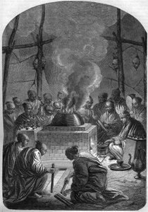 Buddhismus: Einäscherung eines tibetischen Lamas (hoher Priester) bei den Kalmücken in Russland.