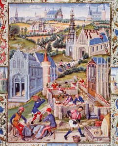 Baustellen in Saint Denis (Stadt) für den Bau von 12 Kirchen zu Ehren der 12 Apostel. Miniatur aus dem „Leben des sehr edlen Grafen Gerard de Roussillon“