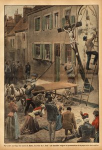 Auf Anordnung des Bürgermeisters von Reims, Charles Arnould, wurde das Kreuz an der Wand der Schule in der Rue du Jard abgenommen, was zahlreiche Proteste im Kontext der fortschreitenden Säkularisierung der staatlichen Institutionen auslöste. Gravur in "Le von French School