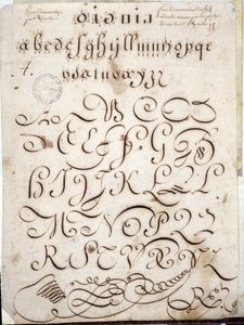 Kalligraphie: Manuskriptstück in Rundschrift auf Velin, verziert mit Arabesken um 1813 von Sebastien Royllet. Historische Bibliothek der Stadt Paris