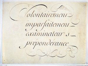 Kalligraphie: Manuskriptstück um 1670 von Andre Francois Roland. „absichtlich, unvollkommen, Prüfer, Vorherrschaft“ von French School