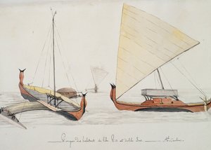 Kanus der Bewohner der Pis- und Iros-Inseln (Karolineninseln), Aquarell von Jules-Louis Lejeune, aus Duperreys Reise von French School