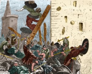 Eroberung von Carcassonne während des Kreuzzugs gegen die Albigenser im August 1209. Gravur in "Histoire De France En Cent Tableaux" von Paul Lehugeur, 1891 von French School