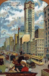 Autoverkehr auf dem Broadway, Hauptstraße von New York (Verkehrsstau auf der Broadway Avenue, Manhattan) 19. Jahrhundert von French School