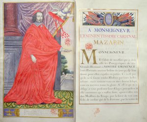 Kardinal Mazarin, Illustration und Widmung aus Les Panegyriques des Hommes Illustres de Notre Siecle von Puget de la Serre, 1655