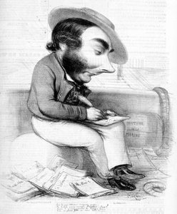 Karikatur von Eugène Sue beim Schreiben, umgeben von seinen Veröffentlichungen in der Presse - in „Le Charivari“, um 1840 von French School
