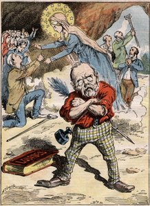 Karikatur des Schriftstellers Emile Zola (1840-1902), der über die Hingabe der Gläubigen in Lourdes trotz seiner Kritik am Thema in seinem Roman „Lourdes“ perplex ist. Gravur in „Le Pelerin“ vom 30. August von French School