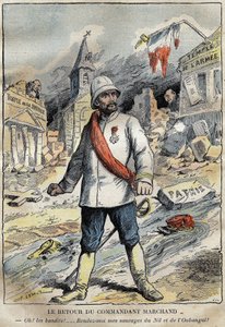 Karikatur über Kommandant Jean-Baptiste (Jean Baptiste) Marchand (1863-1934) in Toulon, Rückkehr von einer Erkundungsmission (1896-1899) in Afrika. Gravur in „Le Pelerin“ 4/06/1899. von French School