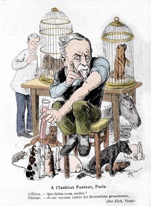 Karikatur des Wissenschaftlers Louis Pasteur, Erfinder des Impfstoffs gegen Tollwut, wie er sich selbst gegen preußische Auszeichnungen impft. Veröffentlicht in „Der Floh“