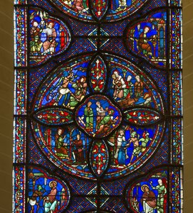 Kathedrale von Chartres, Buntglas: Leben von Sankt Antonius und Sankt Paulus, Eremiten, Detail (Mitte) von French School