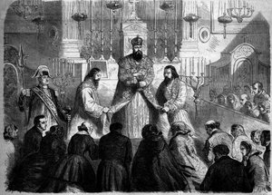 Katholischer Ritus - Messe - 26. Januar 1860: Messe gefeiert nach dem armenischen Ritus vom Superior der Mechitaristen in der Kirche Notre Dame des Victoires, Paris. Gravur in „Le Monde Illustré“ Nr. 147 vom 4. Februar 1860 von French School