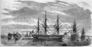 Katholisches Fest: Karfreitag in Toulon (Var, 83) im Jahr 1858. Die Schiffe haben ihre Masten gekreuzt und ihre Flaggen auf Halbmast als Zeichen der Trauer. Gravur in „Le Monde Illustré“ Nr. 53 vom 17. April 1858.