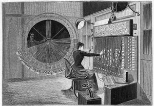 Zentralbüro des Theatrophones (Heimtheaterauditionen) in Paris im Jahr 1892. von French School