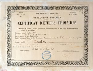 Zertifikat der Grundschulbildung, Akademie von Lille, 1898 von French School