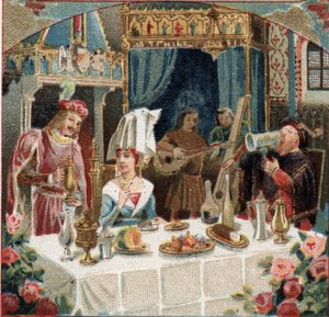 Kammerherr Jehan de Saintre serviert der Dame von Belles-Cousines bei einem Bankett im Schloss von Usse ein Getränk. Szene aus dem Roman "Le petit Jehan de Saintre" von Antoine de La Sale (ca. 1386-ca. 1462). Chromolithografie des späten 19. Jahrhunderts
