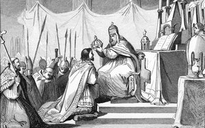 Karl der Große (742-814) gekrönt von Papst Leo III. (um 750-816) in St. Peter in Rom am 25. Dezember 800, aus 