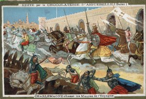 Karl der Große (742-814) vertreibt die Mauren aus Spanien. Chromolithographie des 19. Jahrhunderts
