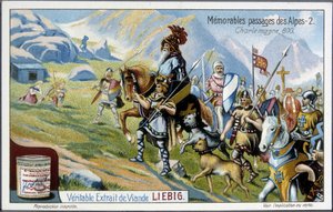 Karl der Große und seine Armee überqueren die Alpen im Jahr 800 - Liebig-Chromolithografie, Anfang des 20. Jahrhunderts