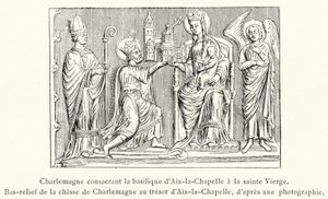 Karl der Große weiht die Basilika von Aachen der heiligen Jungfrau, Basrelief der Jagd Karls des Großen im Schatz von Aachen (Stich)