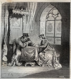 Karl VI. (1380-1422) und Odette de Champdivers - König Karl VI. von Frankreich, bekannt als Karl der Gute Aime, dann Karl der Verrückte (1368-1422) mit seiner Geliebten Odinette (Odette) de Champdivers (circa 1390-um 1425) beim Kartenspielen Gravur in „Par